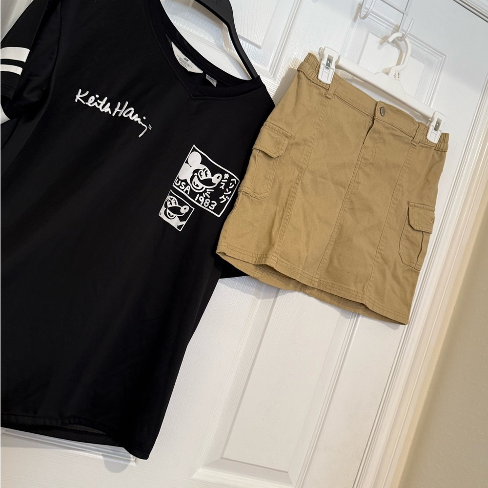 Keith Haring Black Graphic jersey and Tan DKNY Cargo Skirt